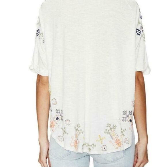 free people L Ivory Navy Peach Green Lace up Oversized Embroidered Peasant Top - Picture 2 of 14